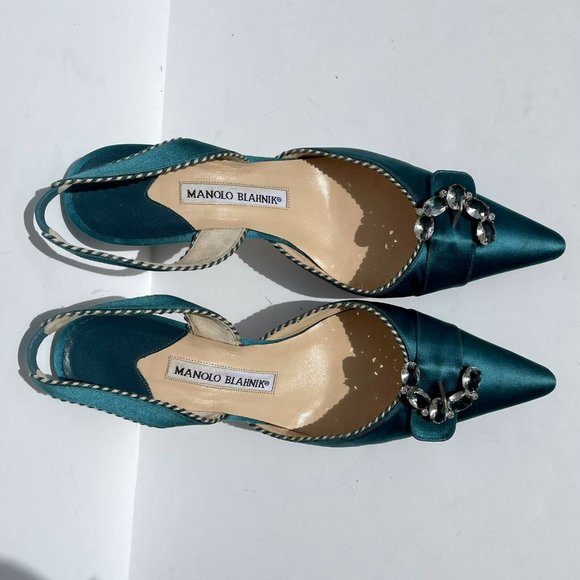 Manolo Blahnik Teal Satin Carolyne Jewel Pump Heel 100th Anniversary - Picture 4 of 8
